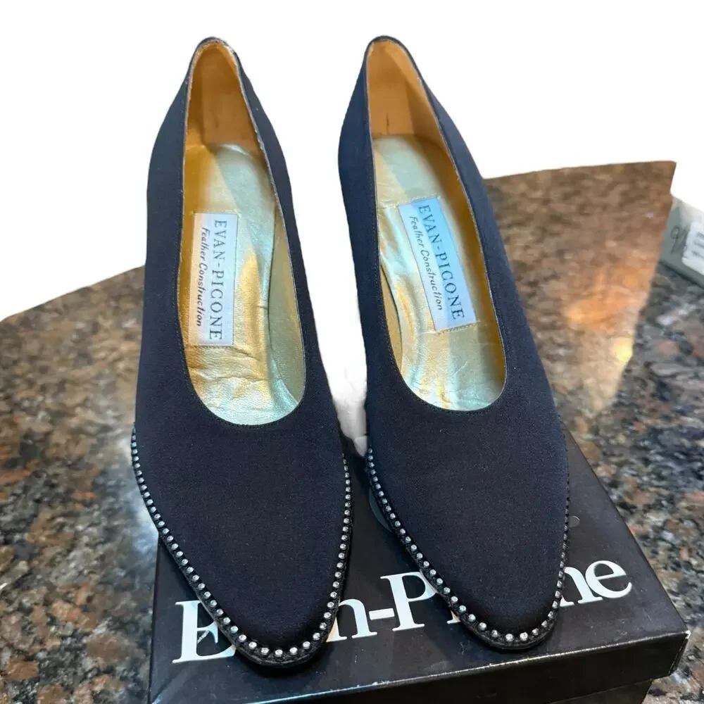 Evan Picone‎ Black Silk Pumps Classic with Rhinestone Detail Sz 9B EUC